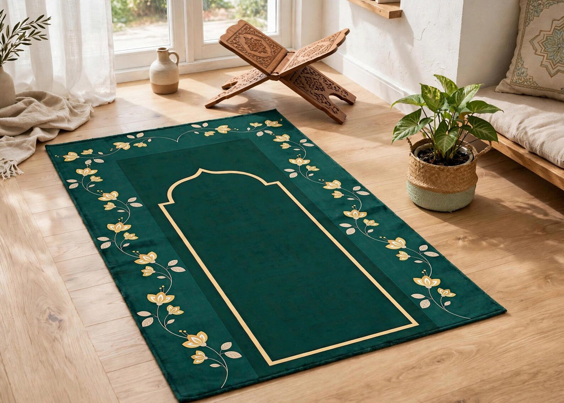 Emerald Green Muslim Prayer Rug with Gold Floral Design Islamic Prayer Mat Luxury Muslim Sajjadah Soft Janamaz Gift for Ramadan and Eid