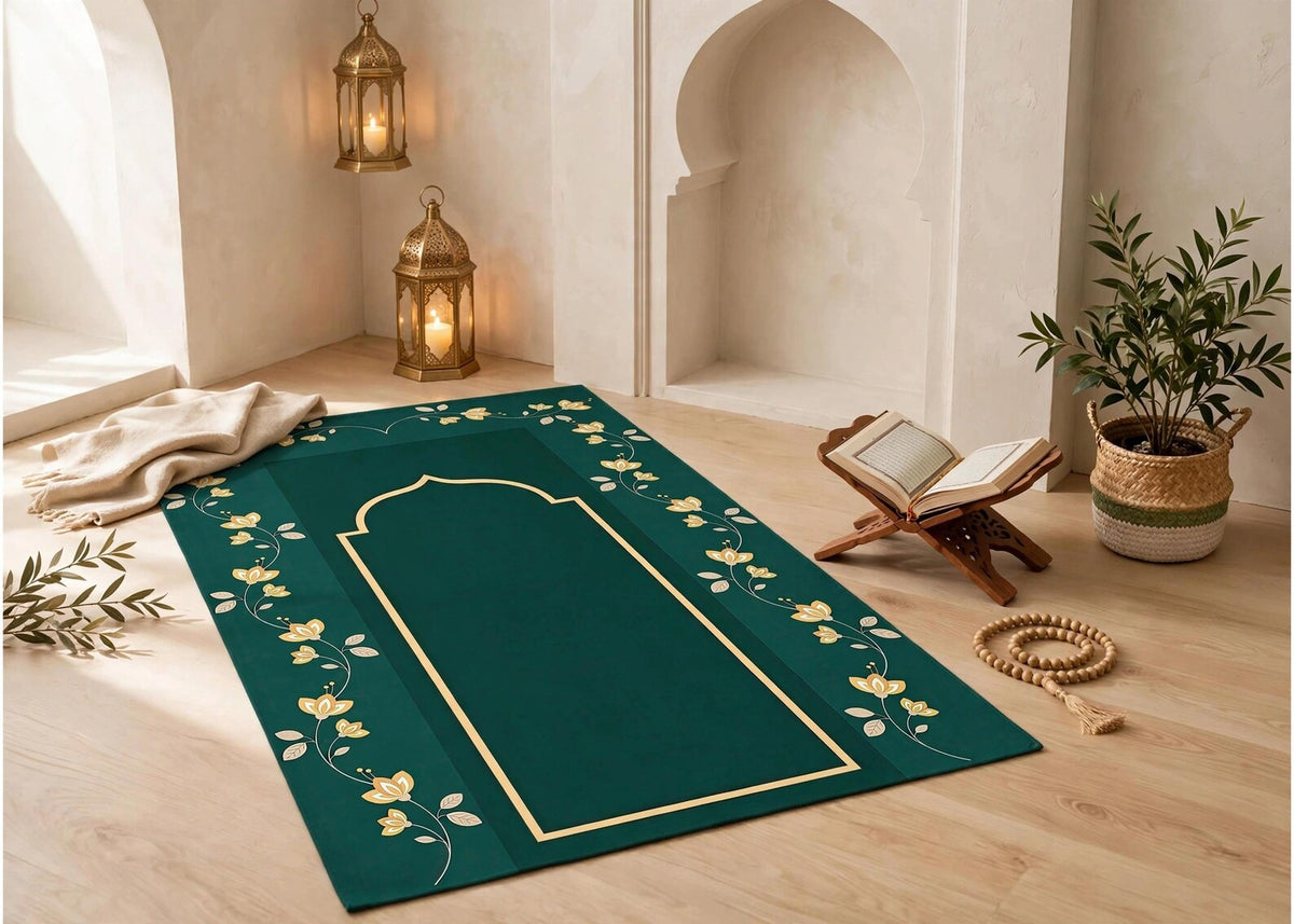 Emerald Green Muslim Prayer Rug with Gold Floral Design Islamic Prayer Mat Luxury Muslim Sajjadah Soft Janamaz Gift for Ramadan and Eid
