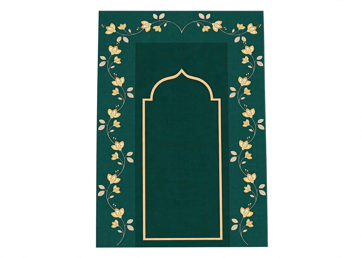 Emerald Green Muslim Prayer Rug with Gold Floral Design Islamic Prayer Mat Luxury Muslim Sajjadah Soft Janamaz Gift for Ramadan and Eid