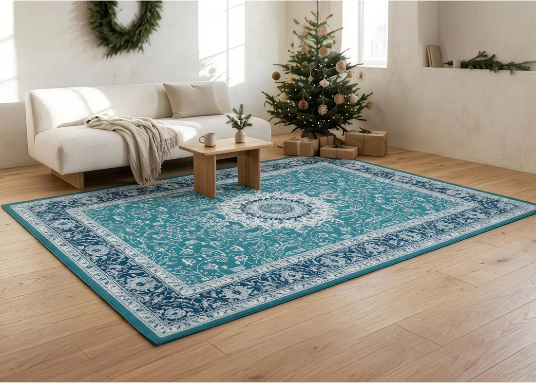Turquoise Blue Vintage Rug Persian Style Area Rug Distressed Oriental Carpet Floral Living Room Rug Boho Bedroom Decor Elegant Home Rug