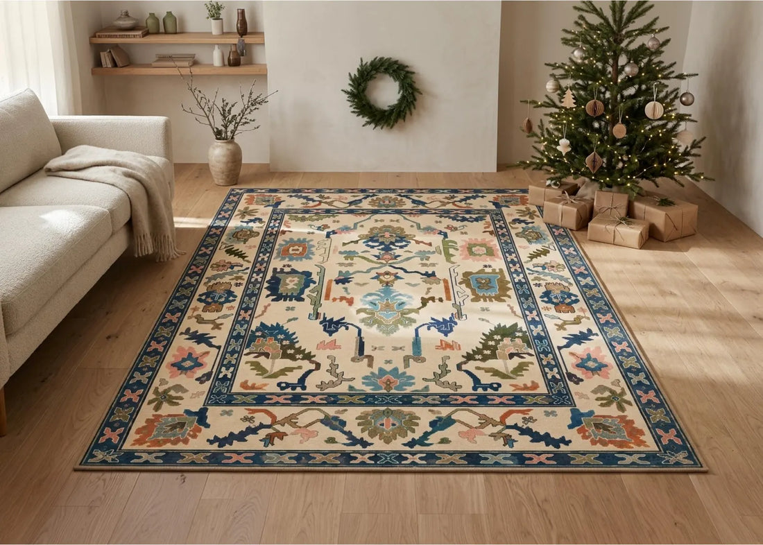 Vintage Turkish Area Rug Beige Floral Rug with Blue Border Traditional Oriental Carpet Living Room Decor Elegant Bedroom Rug Large Area Rug