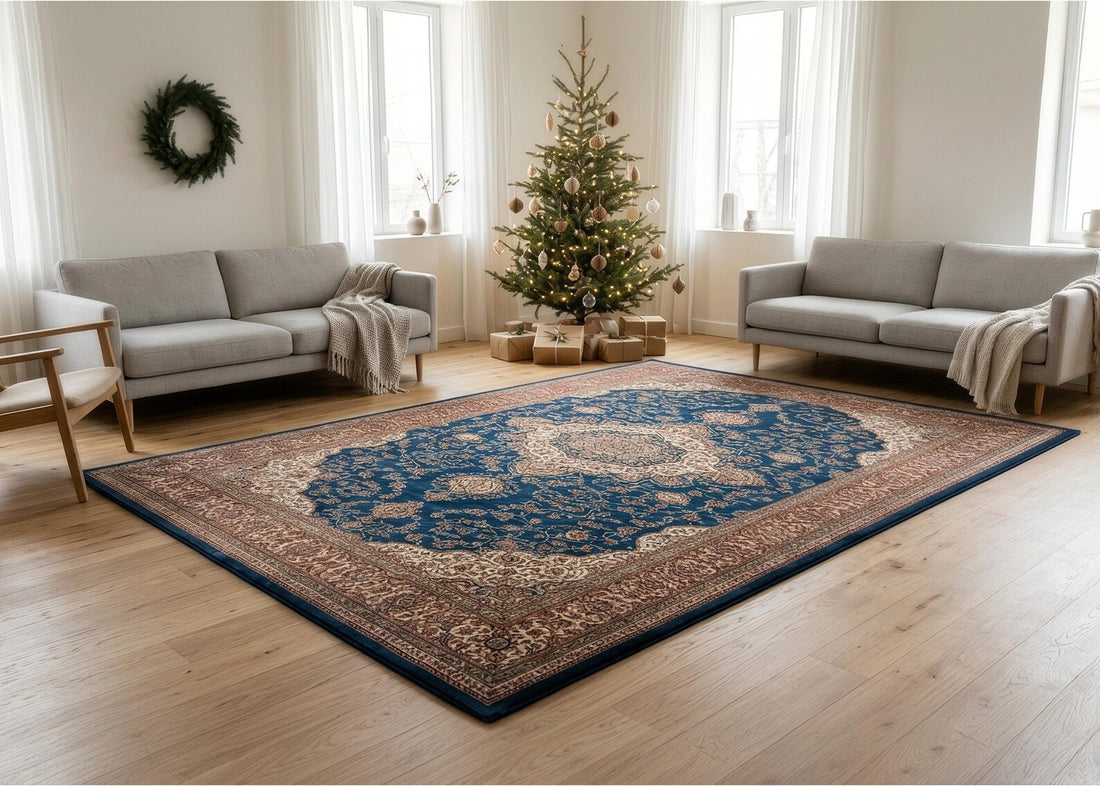 Vintage Persian Area Rug Navy Blue and Rust Red Oriental Carpet Traditional Floral Rug Elegant Bedroom Rug Classic Living Room Decor