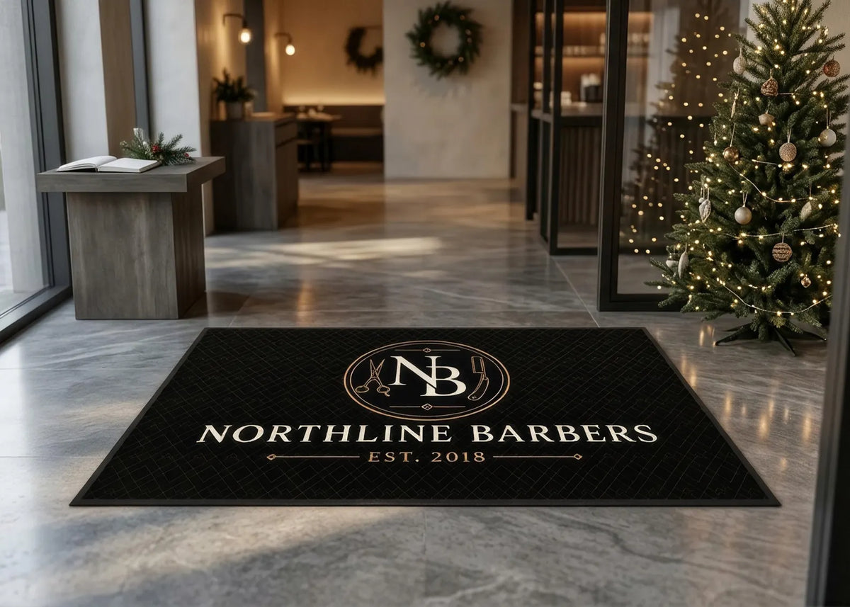 Custom Barber Shop Rug Personalized Logo Floor Mat Black and Gold Barbershop Carpet Business Branding Rug Custom Salon Entrance Mat