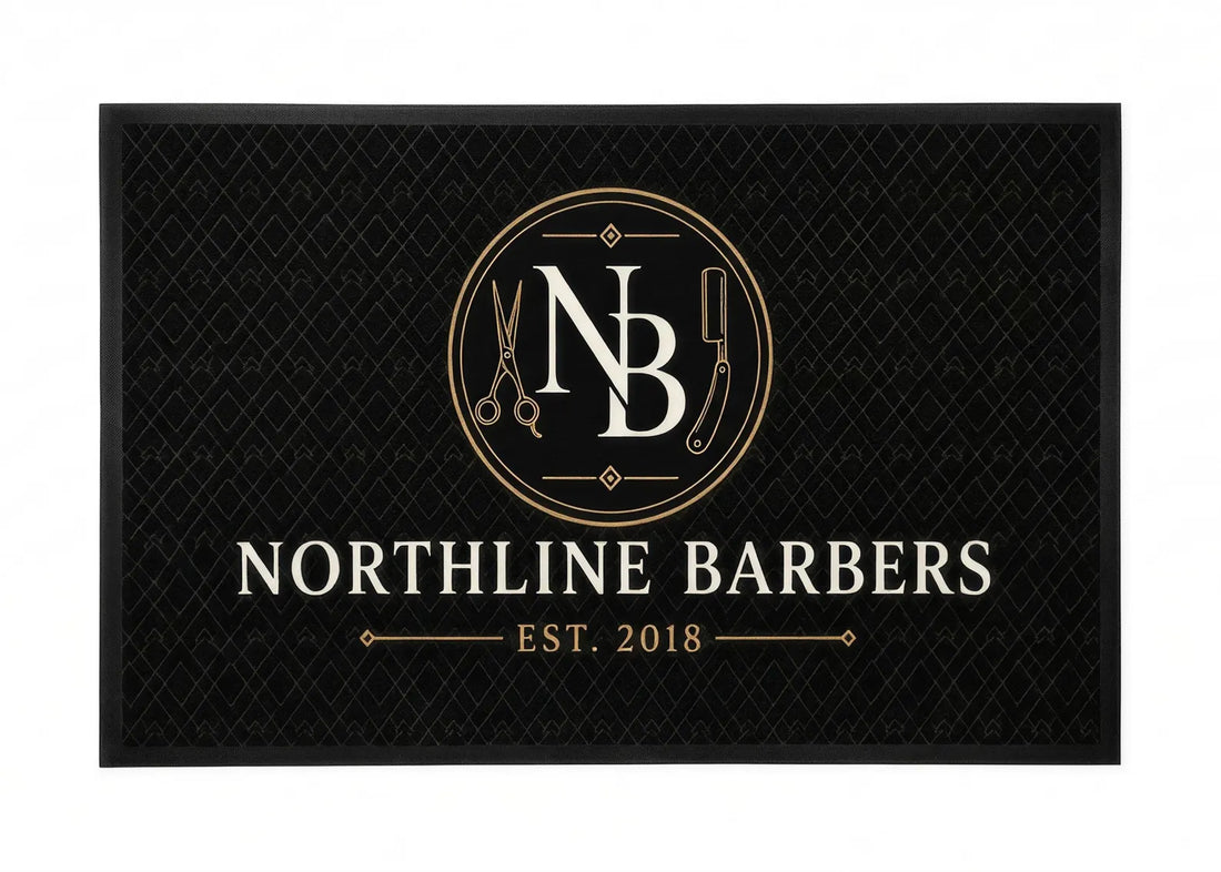 Custom Barber Shop Rug Personalized Logo Floor Mat Black and Gold Barbershop Carpet Business Branding Rug Custom Salon Entrance Mat