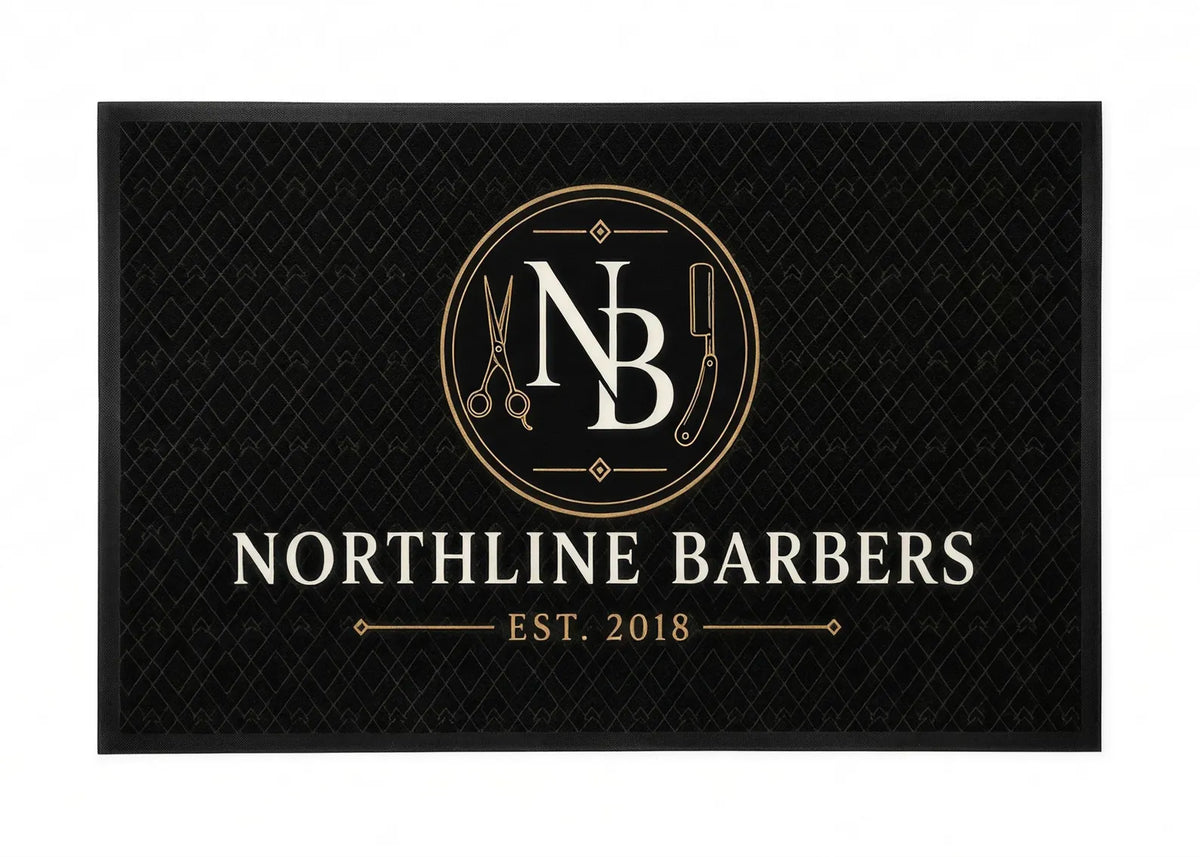 Custom Barber Shop Rug Personalized Logo Floor Mat Black and Gold Barbershop Carpet Business Branding Rug Custom Salon Entrance Mat