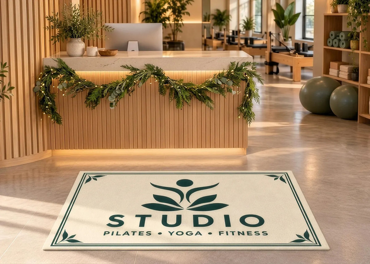 Custom Pilates Studio Rug Personalized Yoga Fitness Logo Mat Minimalist Gym Floor Rug Custom Business Logo Carpet Wellness Studio Decor