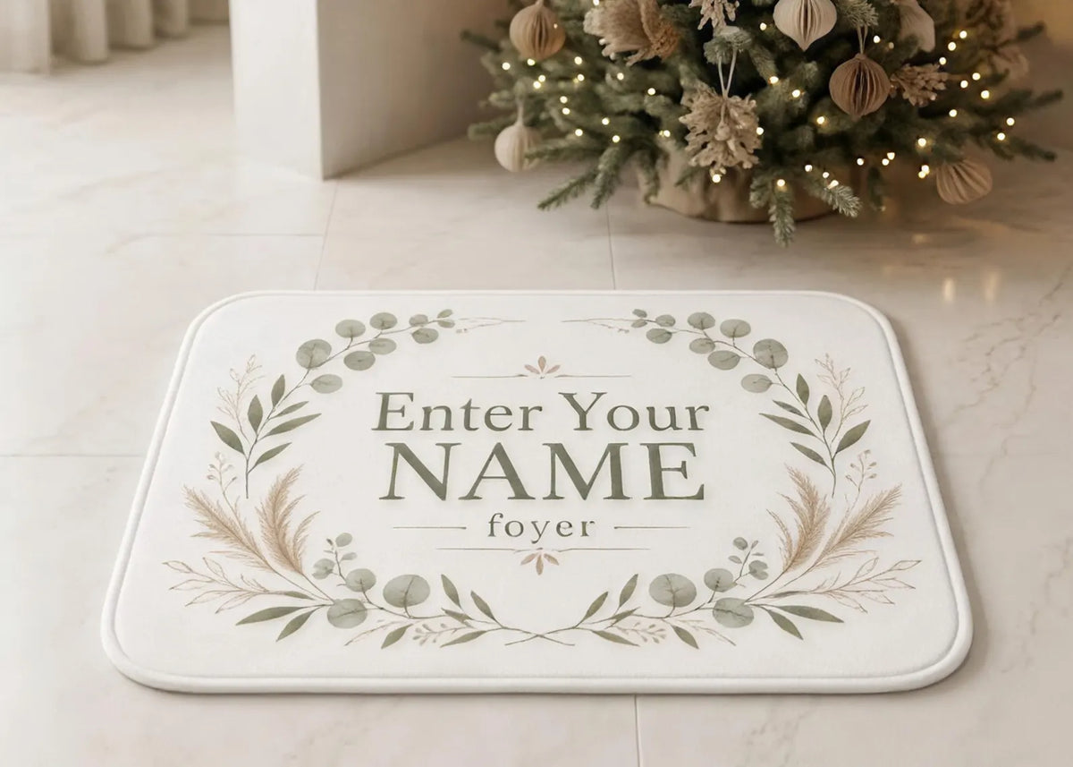 Personalized Name Carpet Custom Entryway Rug Botanical Floral Door Mat Sage Green Foyer Rug Housewarming Gift Custom Home Decor