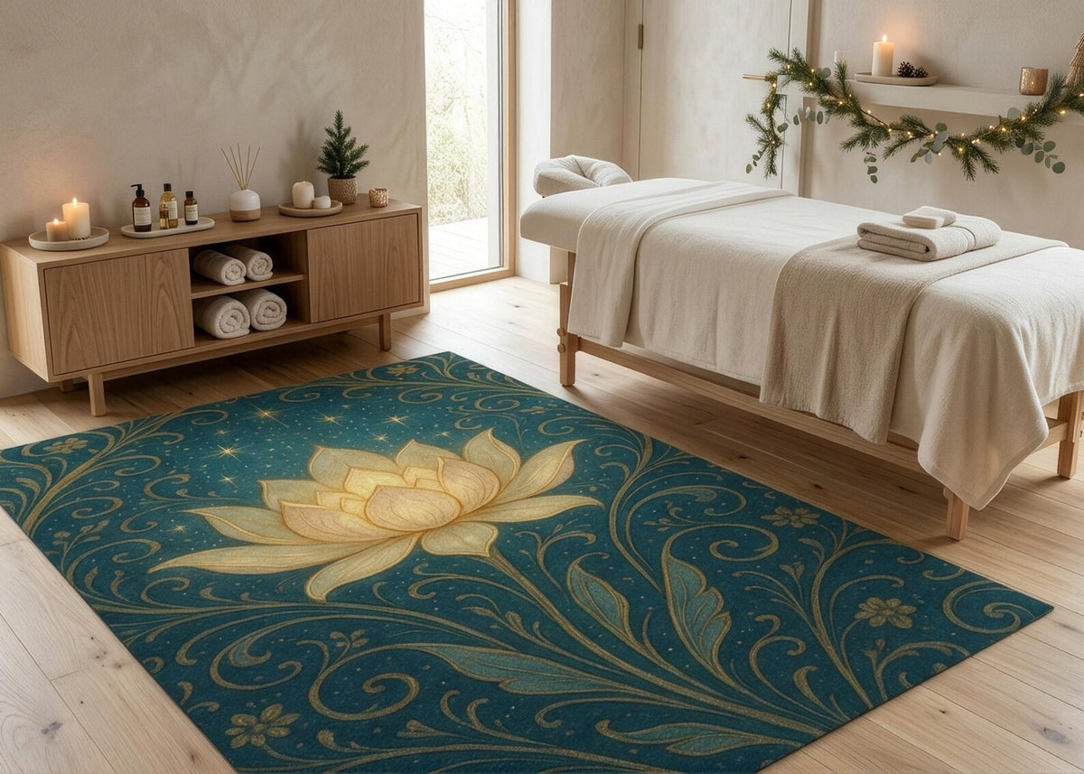 Teal Lotus Flower Rug Gold Floral Area Rug Boho Meditation Room Decor Spiritual Yoga Rug Elegant Botanical Living Room Carpet
