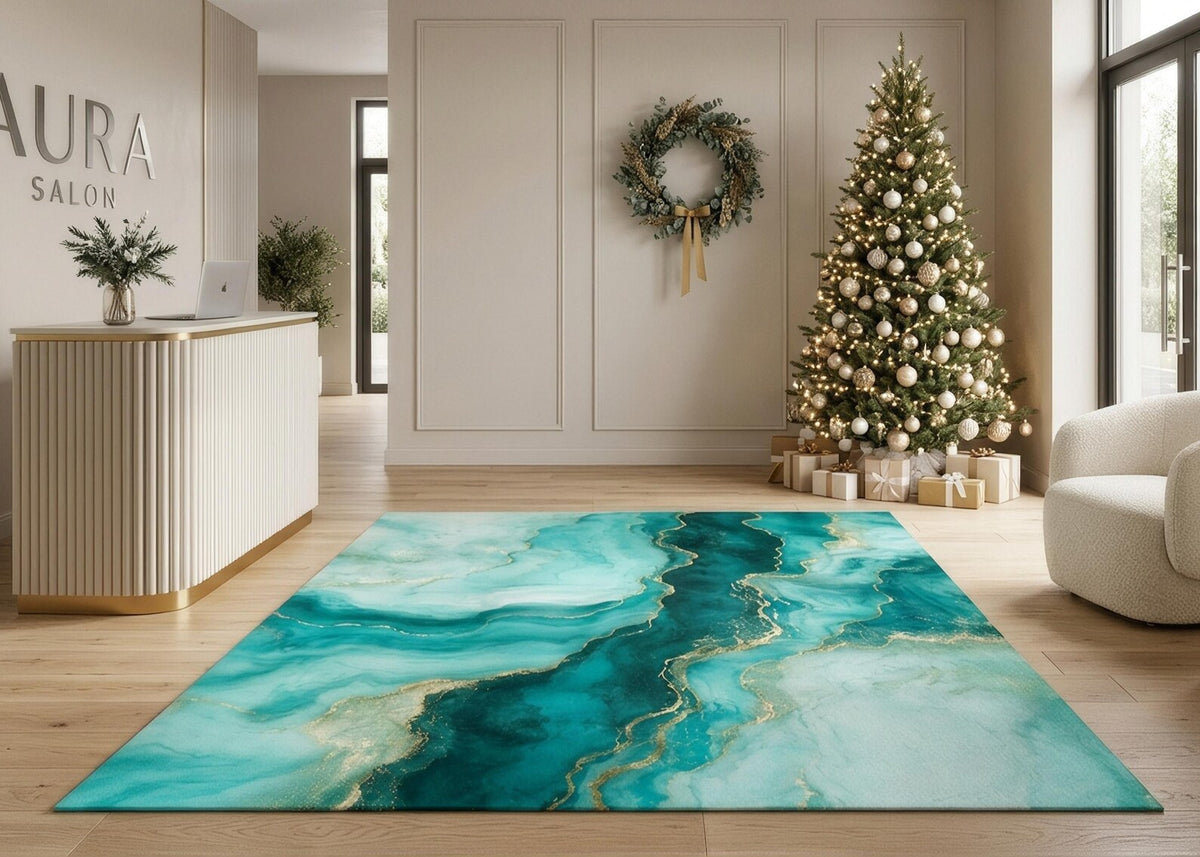 Turquoise Abstract Area Rug Teal and Gold Marble Carpet Modern Luxury Living Room Rug Ocean Wave Design Floor Decor Salon Decor