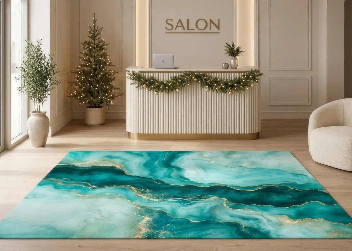 Turquoise Abstract Area Rug Teal and Gold Marble Carpet Modern Luxury Living Room Rug Ocean Wave Design Floor Decor Salon Decor