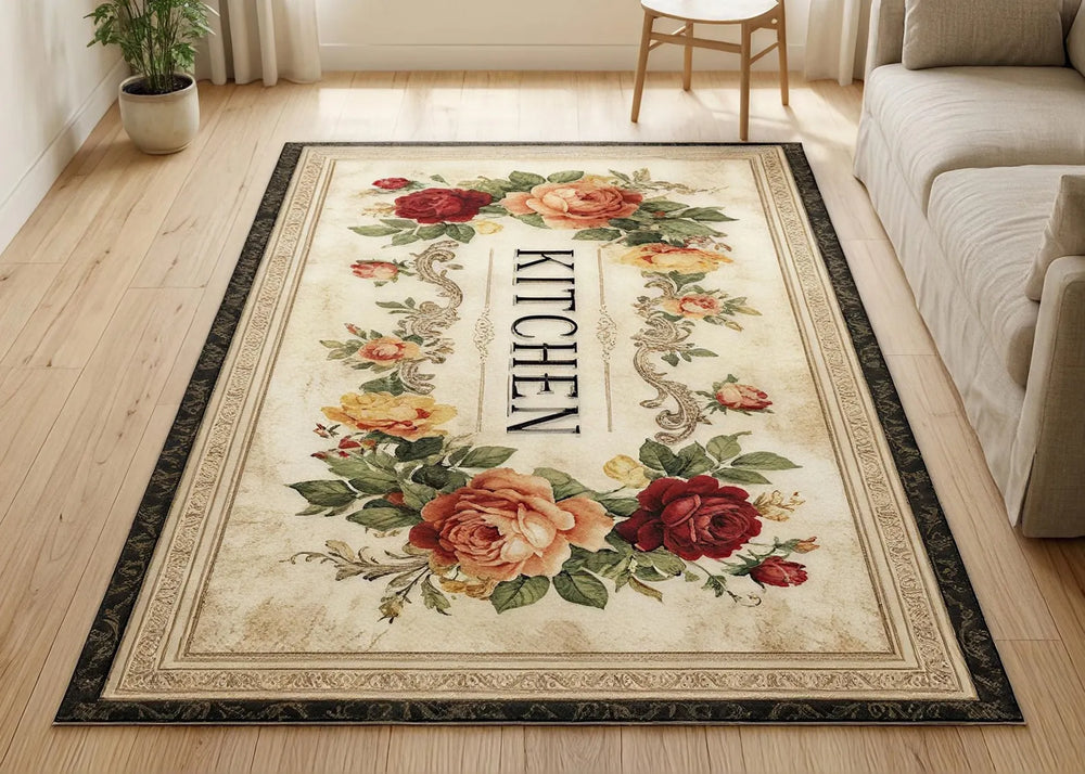 Personalized Kitchen Rug Floral Rose Area Rug Custom Kitchen Name Carpet Vintage Cottagecore Decor Farmhouse Kitchen Floor Mat