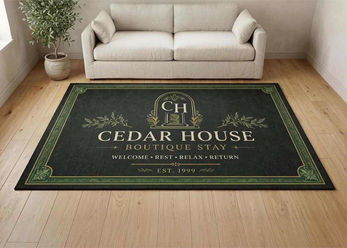 Custom Boutique Hotel Rug Personalized Welcome Mat Dark Green and Gold Logo Rug Luxury Guest House Entrance Decor