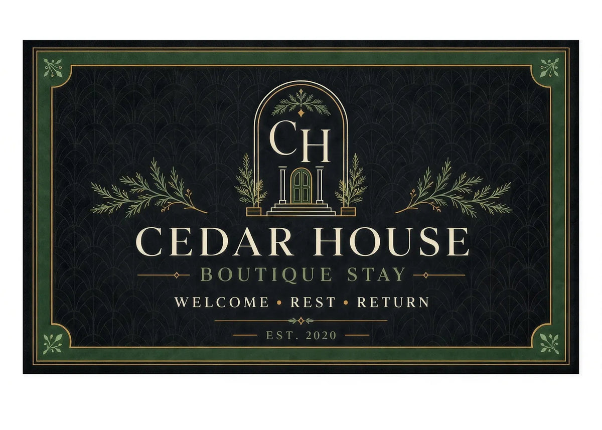 Custom Boutique Hotel Rug Personalized Welcome Mat Dark Green and Gold Logo Rug Luxury Guest House Entrance Decor