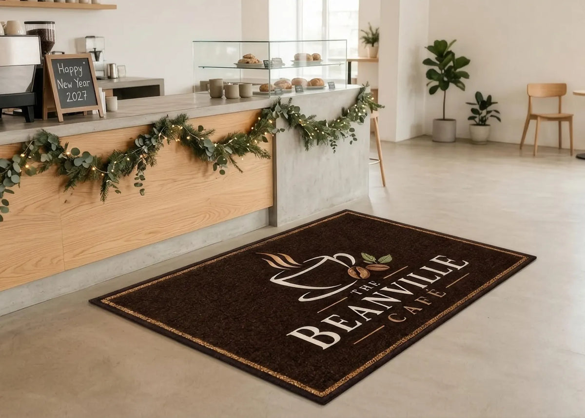 Custom Cafe Logo Rug Personalized Coffee Shop Entrance Mat Brown and Gold Business Rug Cafe Floor Decor Branded Welcome Carpet