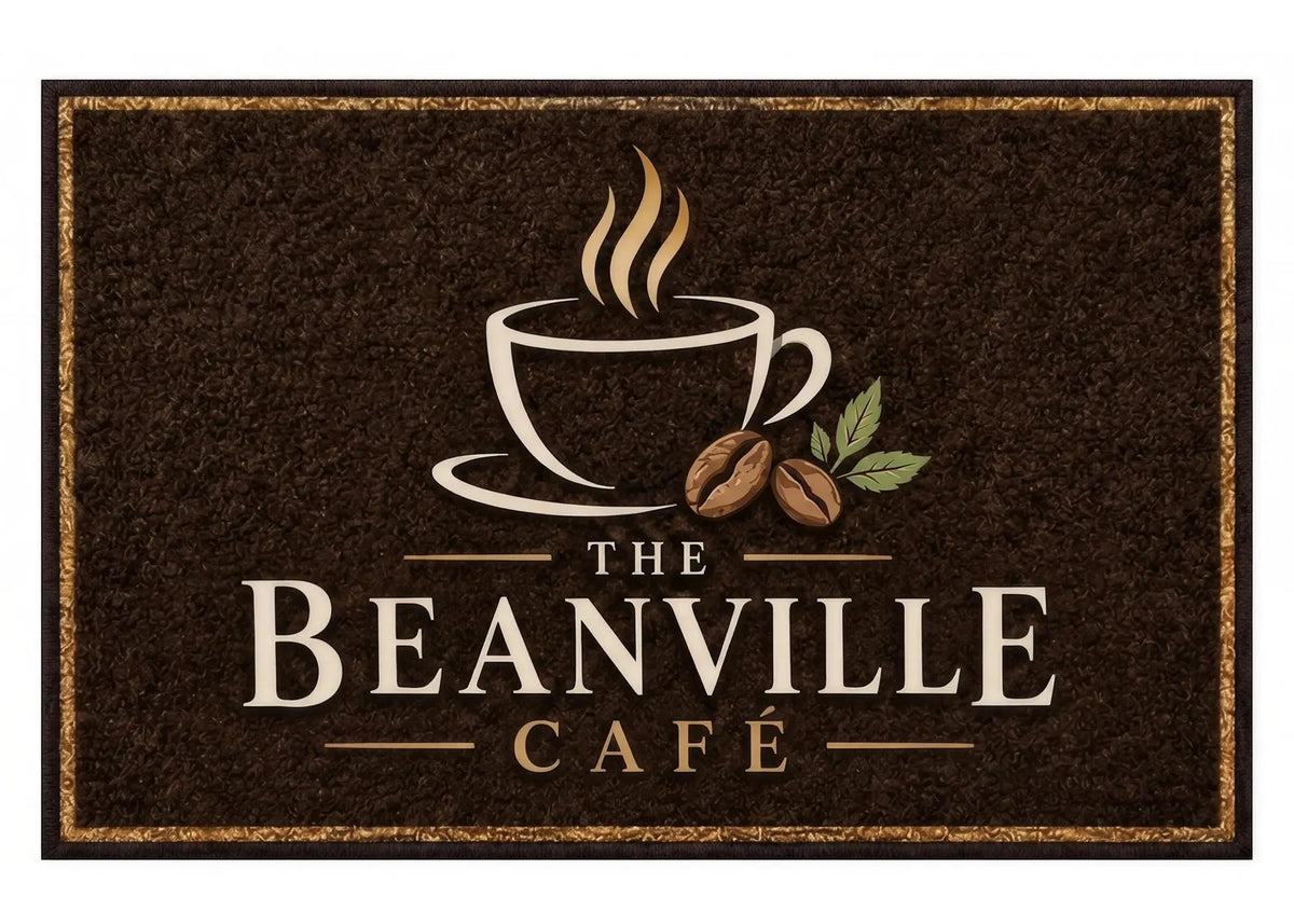Custom Cafe Logo Rug Personalized Coffee Shop Entrance Mat Brown and Gold Business Rug Cafe Floor Decor Branded Welcome Carpet