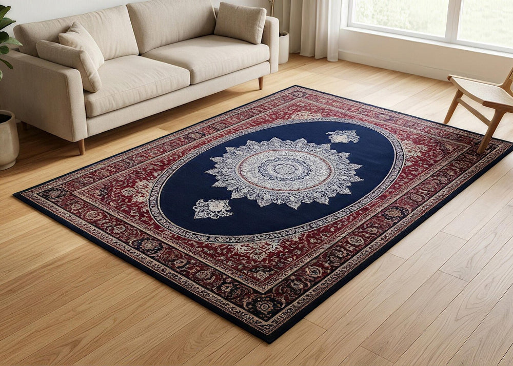 Vintage Non Slip Navy Blue and Burgundy Area Rug Persian Medallion Carpet Traditional Oriental Rug Elegant Living Room Floor Decor