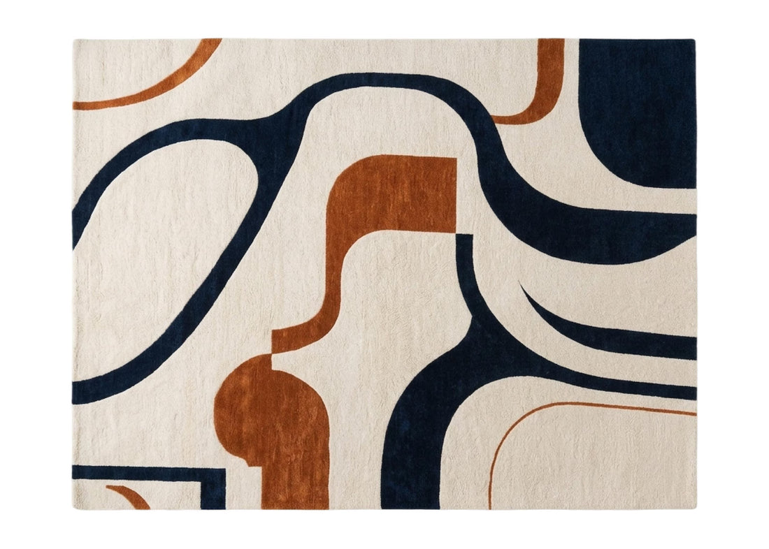Modern Abstract Area Rug Navy Blue and Rust Orange Carpet Contemporary Geometric Rug Minimalist Living Room Decor Modern Office Rug