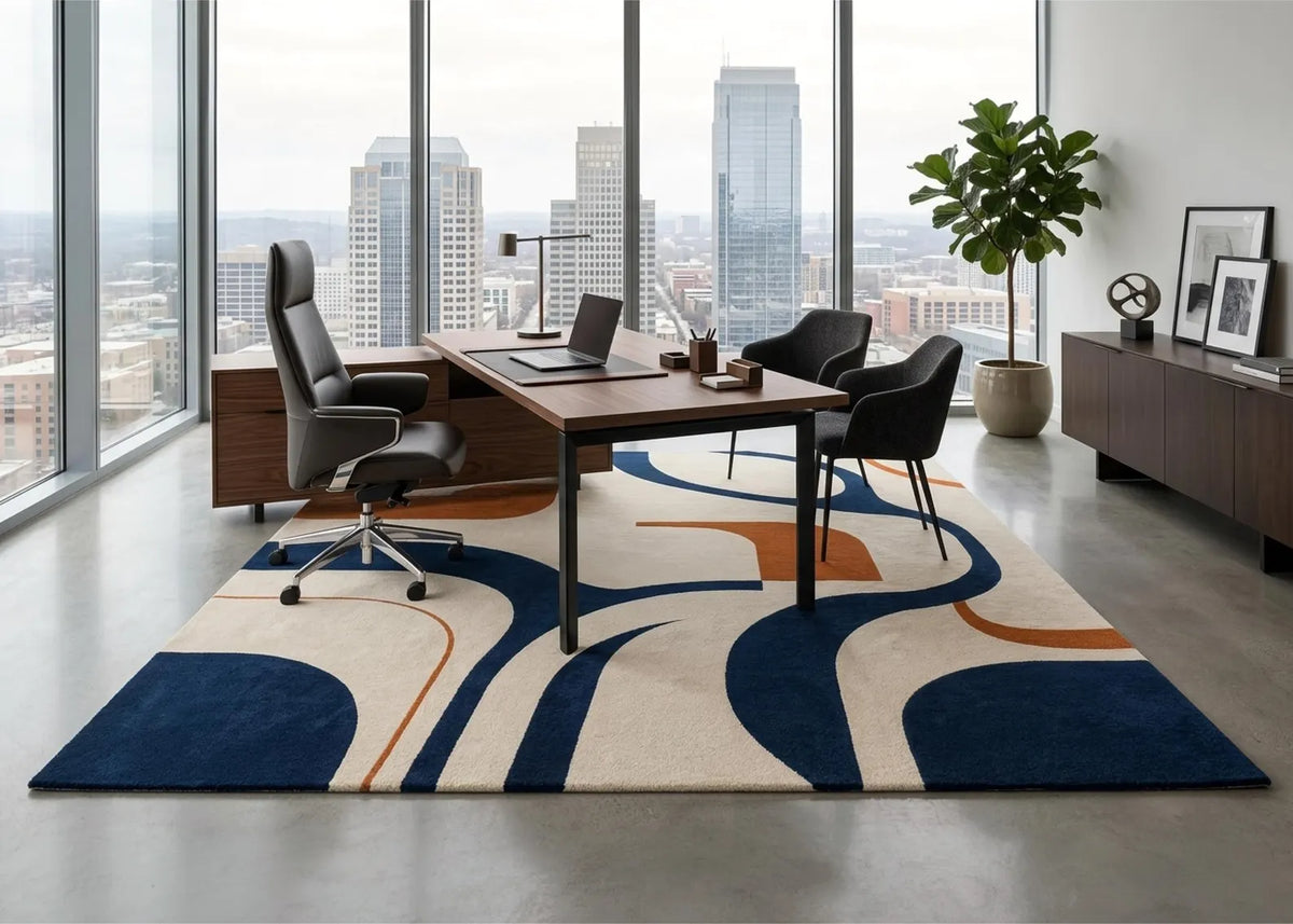 Modern Abstract Area Rug Navy Blue and Rust Orange Carpet Contemporary Geometric Rug Minimalist Living Room Decor Modern Office Rug