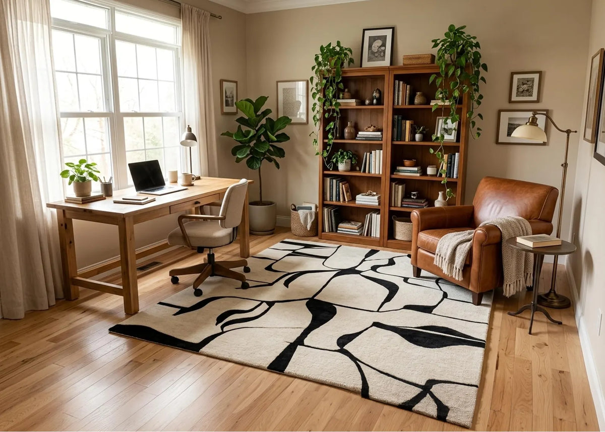 Non Slip Modern Abstract Black and White Area Rug Minimalist Geometric Carpet Contemporary Living Room Rug Neutral Office Decor