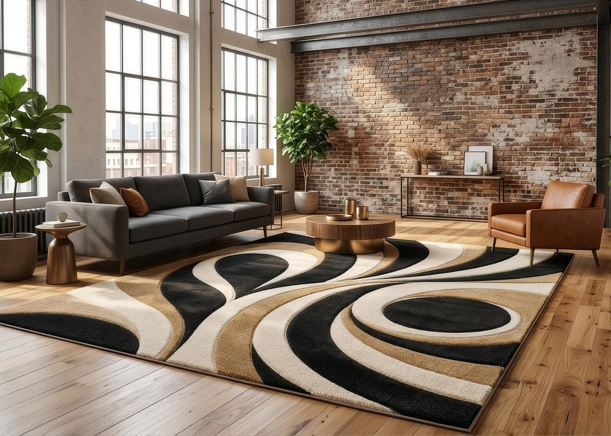 Luxury Modern Non Slip Abstract Area Rug Geometric Carpet Bold Curved Pattern Living Room Rug Contemporary Home Decor