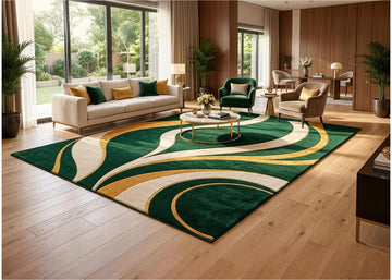 Emerald Green and Gold Abstract Rug Luxury Modern Area Rug Elegant Geometric Carpet Contemporary Living Room Decor