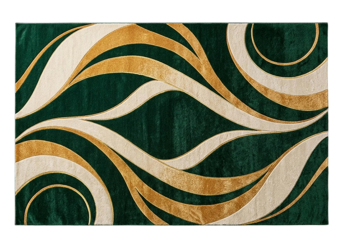 Emerald Green and Gold Abstract Rug Luxury Modern Area Rug Elegant Geometric Carpet Contemporary Living Room Decor