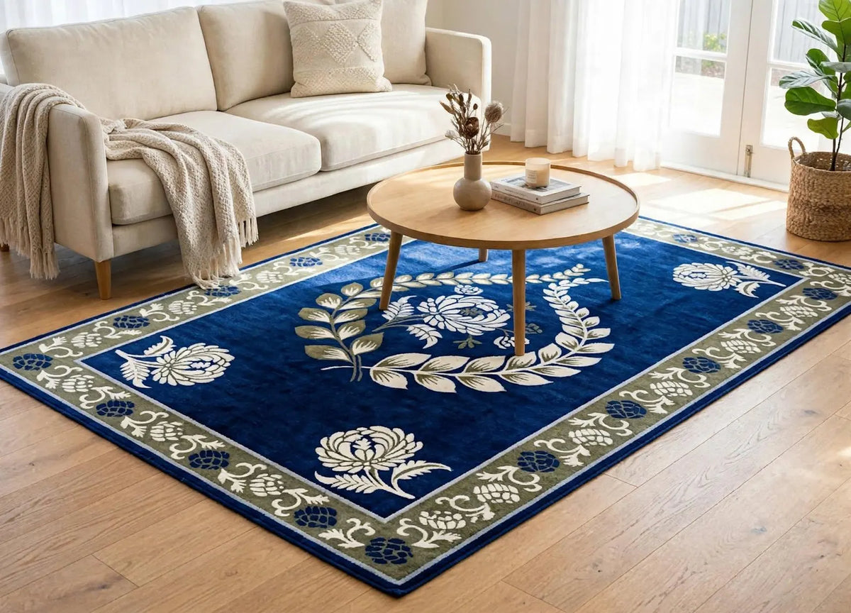 Royal Blue Floral Area Rug Vintage Boho Living Room Rug Non Slip Carpet with Cream Flowers Soft Cozy Bedroom Rug Gift for Her