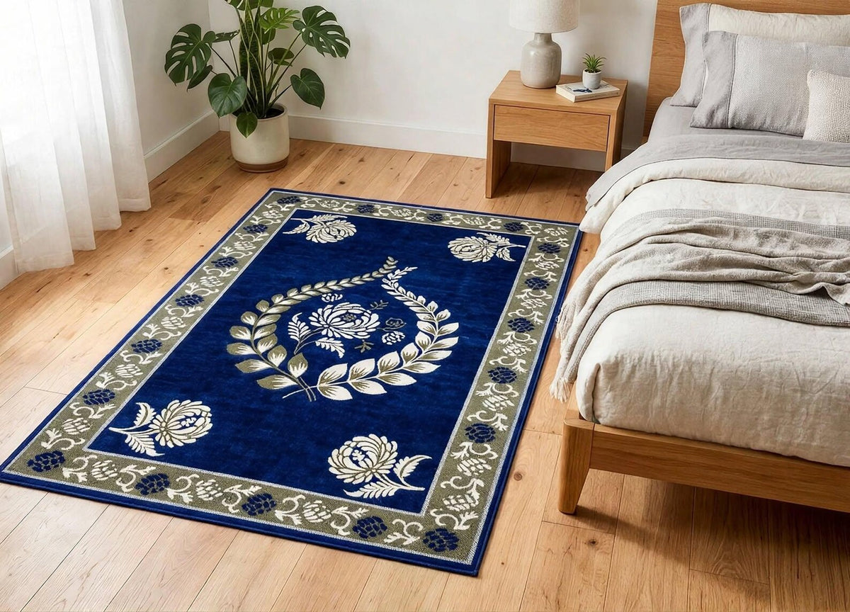 Royal Blue Floral Area Rug Vintage Boho Living Room Rug Non Slip Carpet with Cream Flowers Soft Cozy Bedroom Rug Gift for Her
