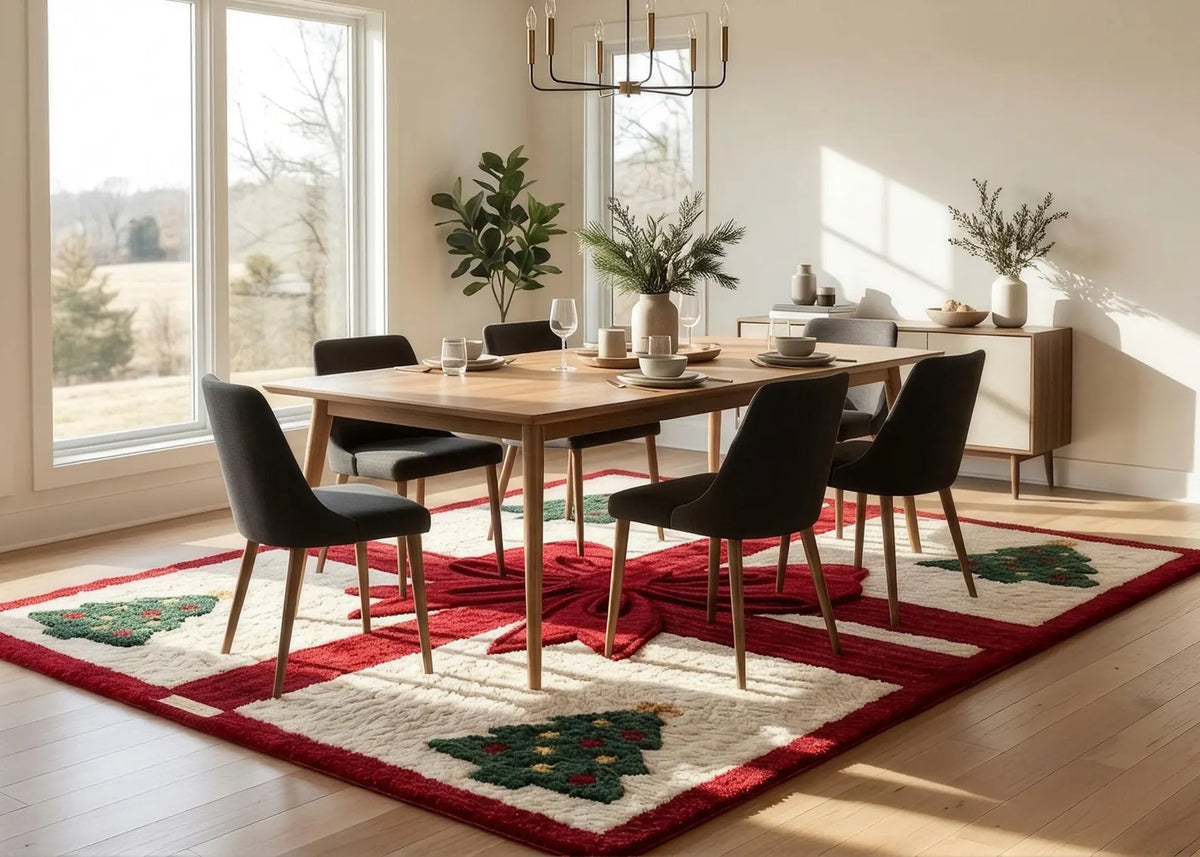 Christmas Gift Rug Holiday Area Rug with Red Bow and Christmas Trees Festive Xmas Carpet for Living Room Bedroom Entryway Decor