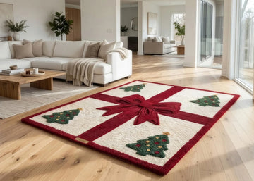 Christmas Gift Rug Holiday Area Rug with Red Bow and Christmas Trees Festive Xmas Carpet for Living Room Bedroom Entryway Decor
