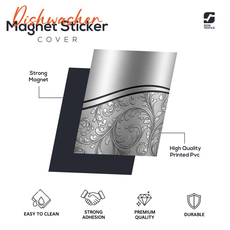 May include: A dishwasher magnet sticker cover featuring a silver metallic finish with a black curved line and a detailed grey floral scroll pattern. Text includes Dishwasher Magnet Sticker COVER, Strong Magnet, and High Quality Printed Pvc.
