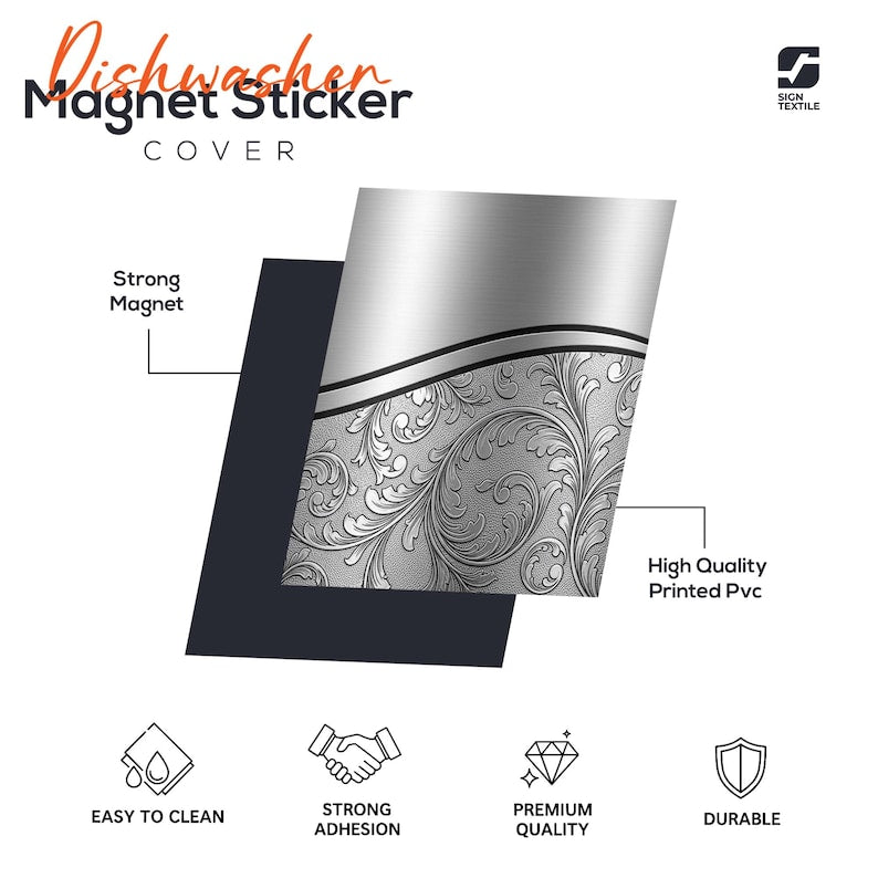 May include: A dishwasher magnet sticker cover featuring a silver metallic finish with a black curved line and a detailed grey floral scroll pattern. Text includes Dishwasher Magnet Sticker COVER, Strong Magnet, and High Quality Printed Pvc.