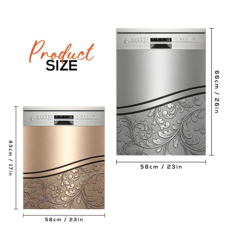 May include: Two dishwasher covers with Product SIZE text. The left cover is bronze with a floral pattern, measuring 43 cm (17 in) high and 58 cm (23 in) wide. The right cover is silver with a floral pattern, measuring 66 cm (26 in) high and 58 cm (23 in) wide.