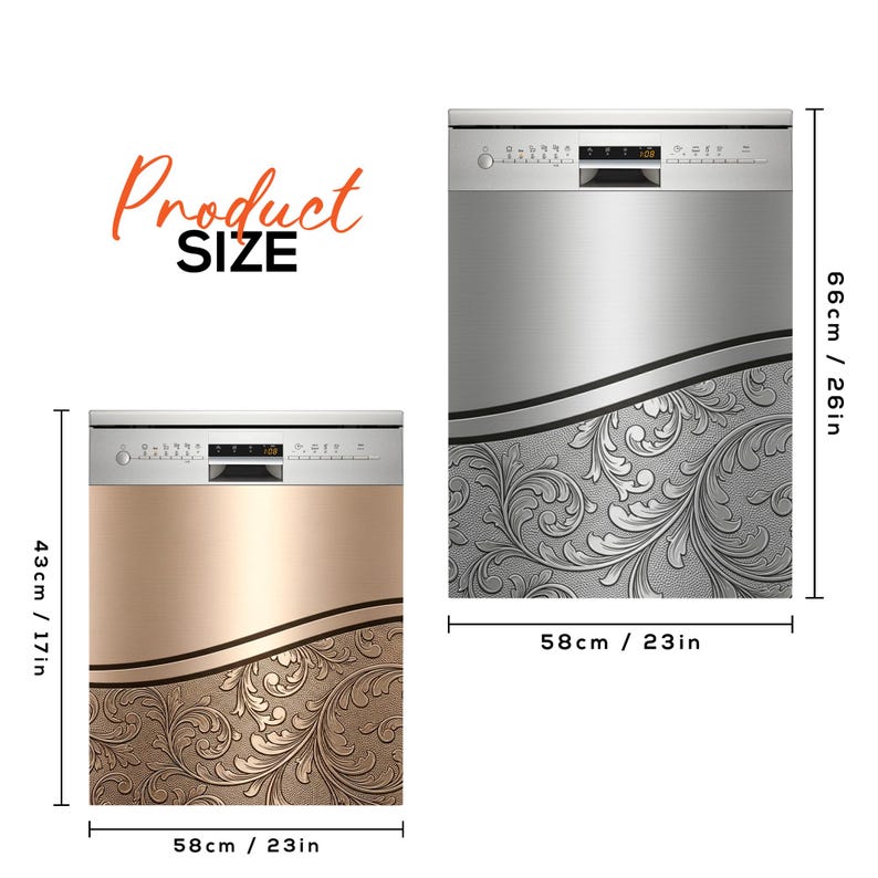 May include: Two dishwasher covers with Product SIZE text. The left cover is bronze with a floral pattern, measuring 43 cm (17 in) high and 58 cm (23 in) wide. The right cover is silver with a floral pattern, measuring 66 cm (26 in) high and 58 cm (23 in) wide.