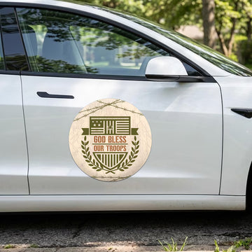 God Bless Our Troops Round Car Magnet Sign | USA Military Support Vehicle Magnet