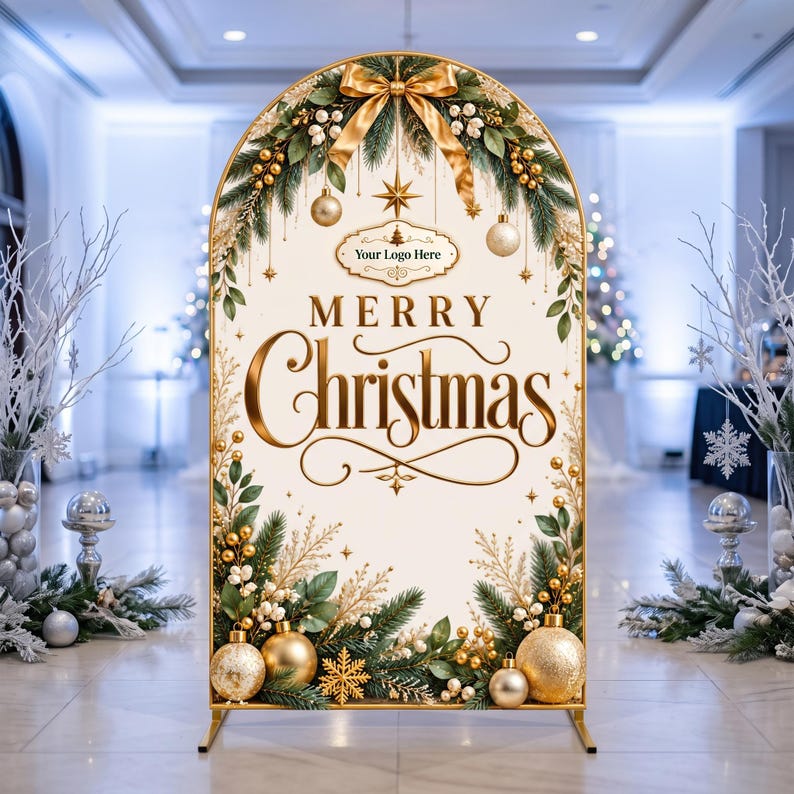 May include: An arched metal display stand featuring a Merry Christmas sign with gold lettering, a central Your Logo Here label, and decorative borders of green pine branches, gold ornaments, white berries, and a large gold bow at the top.