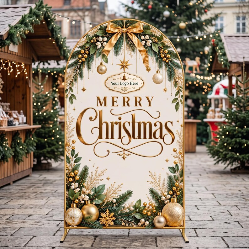 May include: An arched gold metal frame display featuring a cream-coloured sign with the text Merry Christmas in gold lettering. The design includes green pine branches, gold ornaments, white berries, a gold bow, and a placeholder for Your Logo Here.