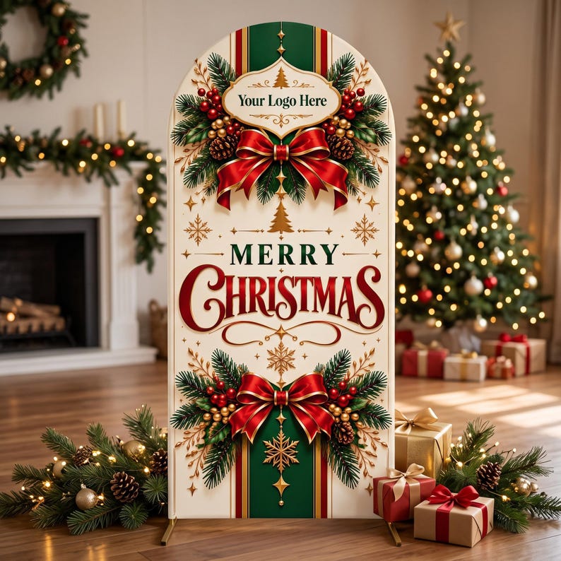 May include: An arched fabric backdrop featuring a cream background with green and red accents. It displays the text "Your Logo Here" and "MERRY CHRISTMAS" in elegant fonts, decorated with pine branches, red bows, pinecones, and gold snowflakes.