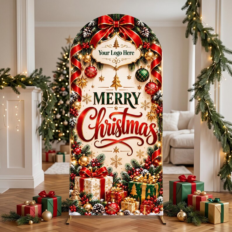 May include: An arched Christmas backdrop featuring a cream background with red and green ornaments, pine branches, and gift boxes. The text reads Your Logo Here and Merry Christmas in red and green script and block lettering with a large red bow.