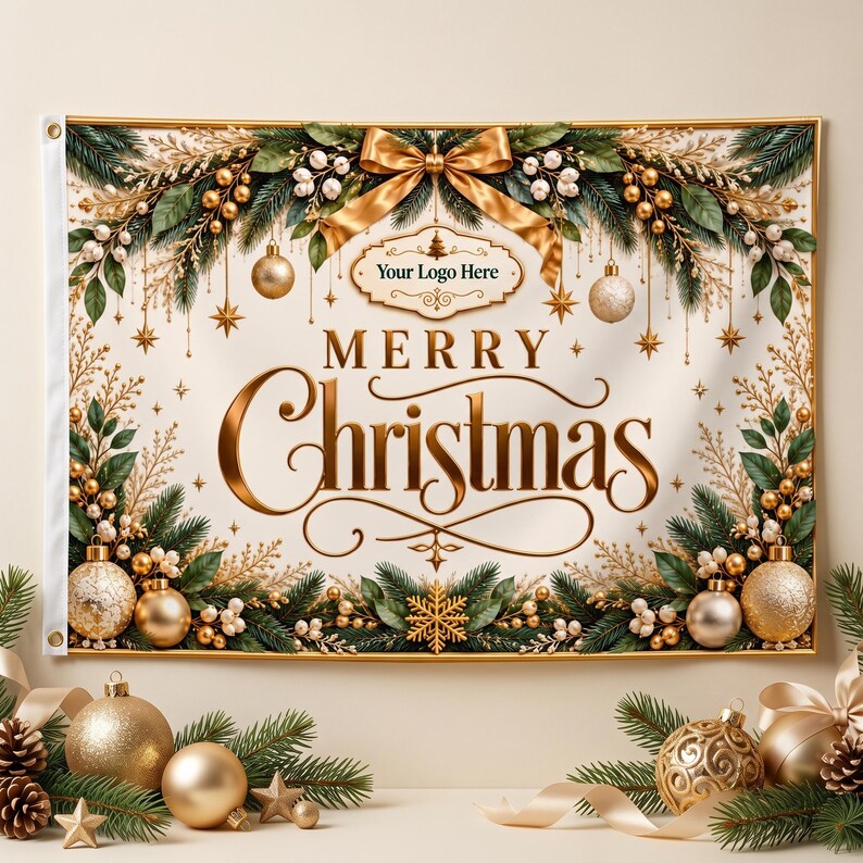 May include: A rectangular garden flag featuring the text Merry Christmas in elegant gold lettering. The design includes green pine branches, gold ornaments, white berries, and a large gold bow on a cream background with a decorative border.