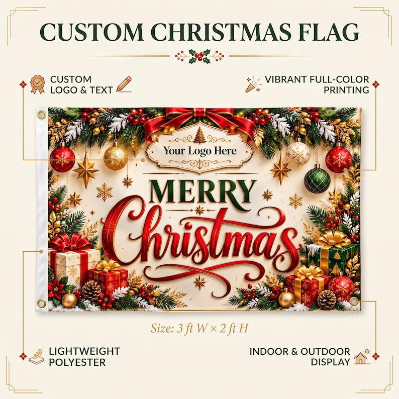 May include: A rectangular custom Christmas flag measuring 3 ft W x 2 ft H, featuring the text Merry Christmas, a central Your Logo Here emblem, red and gold ornaments, pine branches, and gift boxes on a cream background.