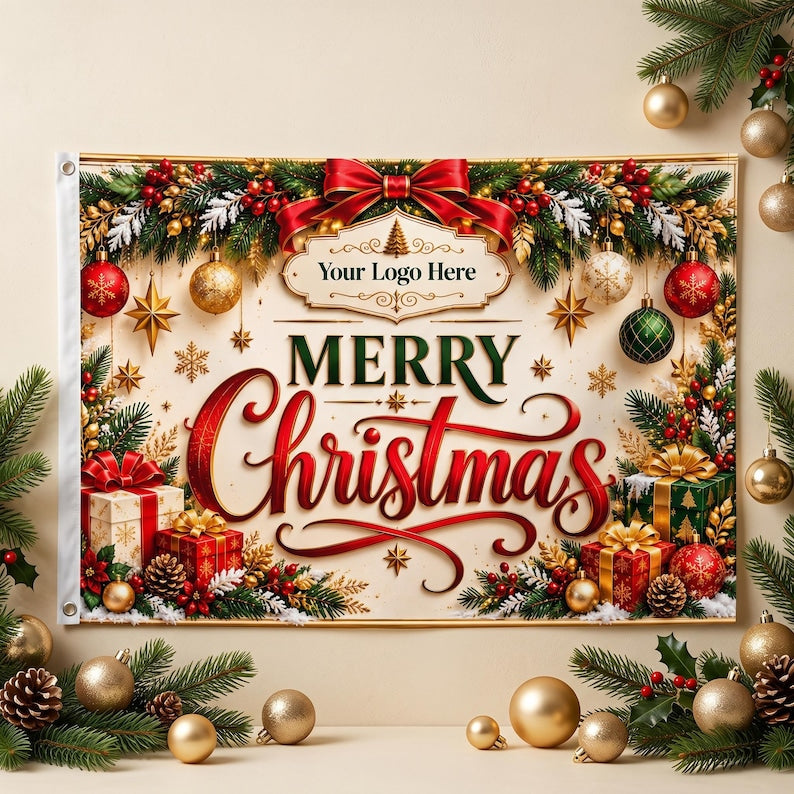May include: A rectangular Christmas banner featuring the text Your Logo Here and Merry Christmas in red and green script. The design includes pine branches, red bows, gold and red ornaments, snowflakes, and gift boxes on a cream background.
