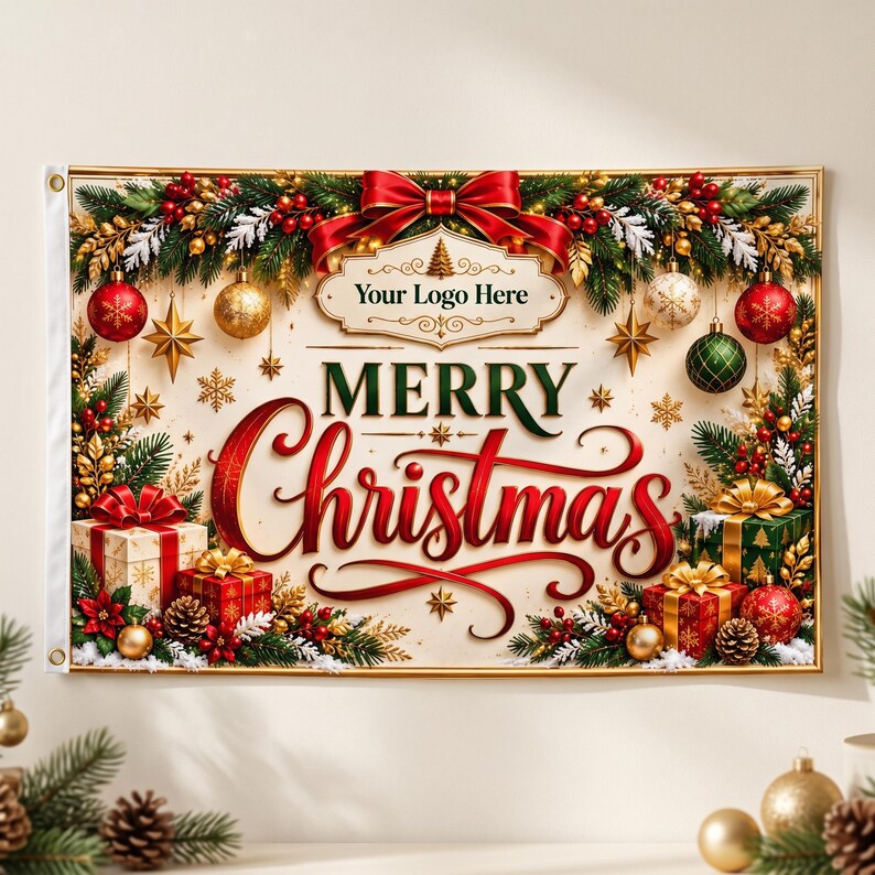 May include: A rectangular Christmas banner featuring the text Merry Christmas in red and green script, with a central label reading Your Logo Here. The design includes pine branches, red bows, gold stars, ornaments, and gift boxes.