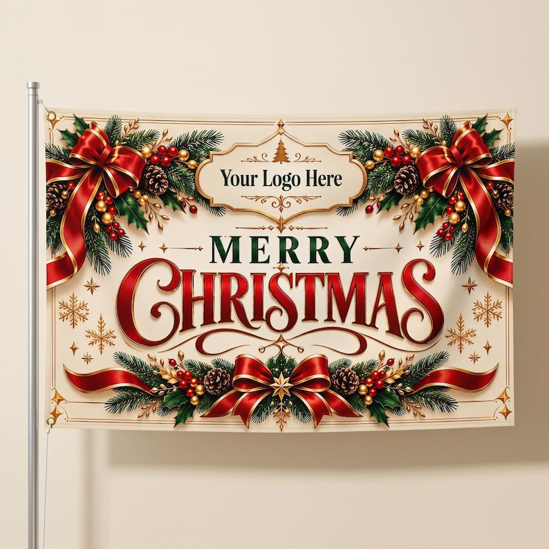 May include: A rectangular flag featuring the text Merry Christmas in large red script, with the placeholder text Your Logo Here in a gold frame. The design includes green pine branches, red ribbons, pinecones, and gold snowflakes.