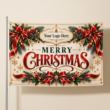 May include: A rectangular flag featuring the text Merry Christmas in large red script, with the placeholder text Your Logo Here in a gold frame. The design includes green pine branches, red ribbons, pinecones, and gold snowflakes.