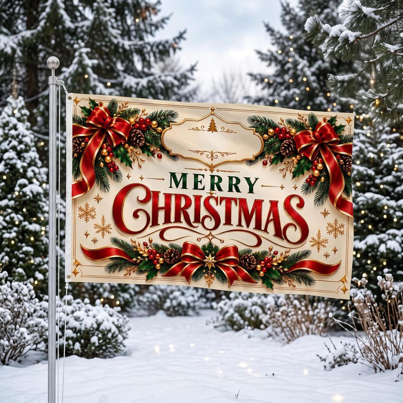 May include: A rectangular garden flag featuring the text Merry Christmas in large red script. The design includes green pine branches, red ribbons, gold ornaments, and pinecones on a cream background, mounted on a metal pole.