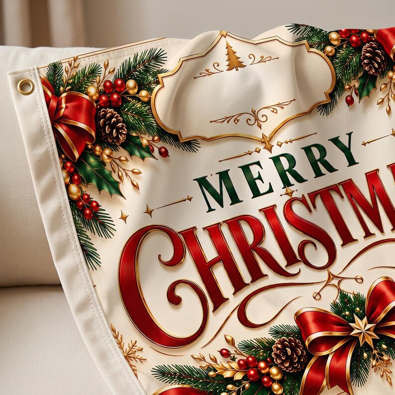 May include: A cream-coloured fabric banner featuring the text Merry Christmas in red and green lettering. The design includes decorative borders of pine branches, red berries, gold accents, pinecones, and red ribbons with a metal grommet.
