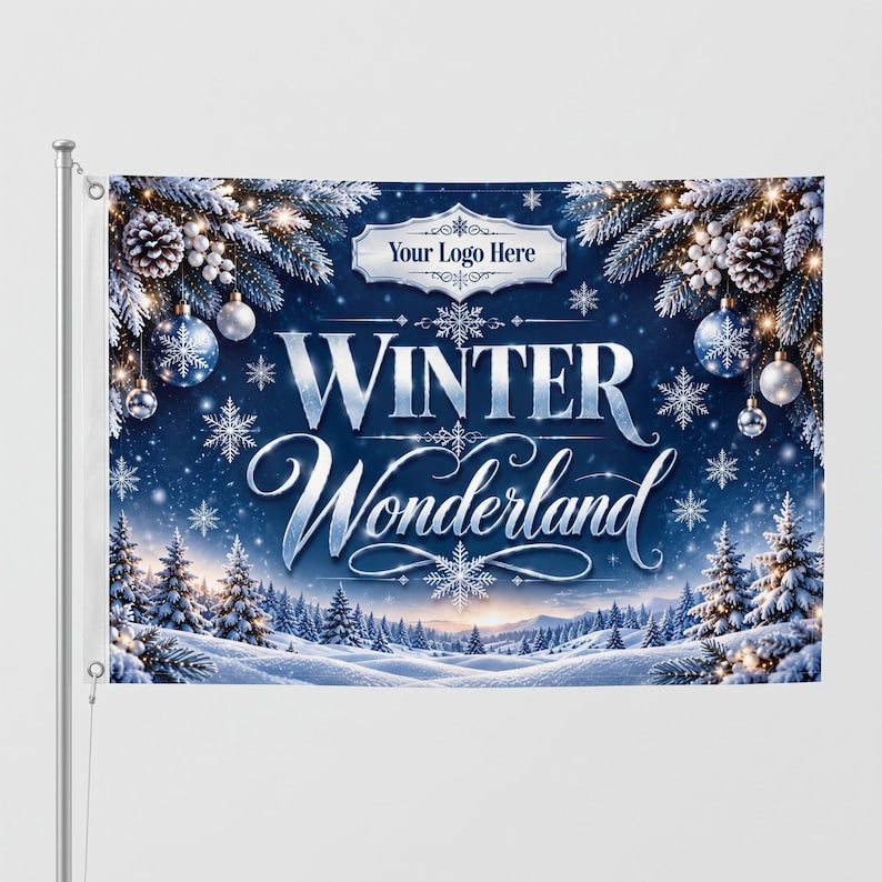 May include: A rectangular flag featuring a dark blue winter scene with snow-covered pine trees, pinecones, and silver ornaments. The text reads "WINTER Wonderland" in white script and block letters, with a placeholder for "Your Logo Here".