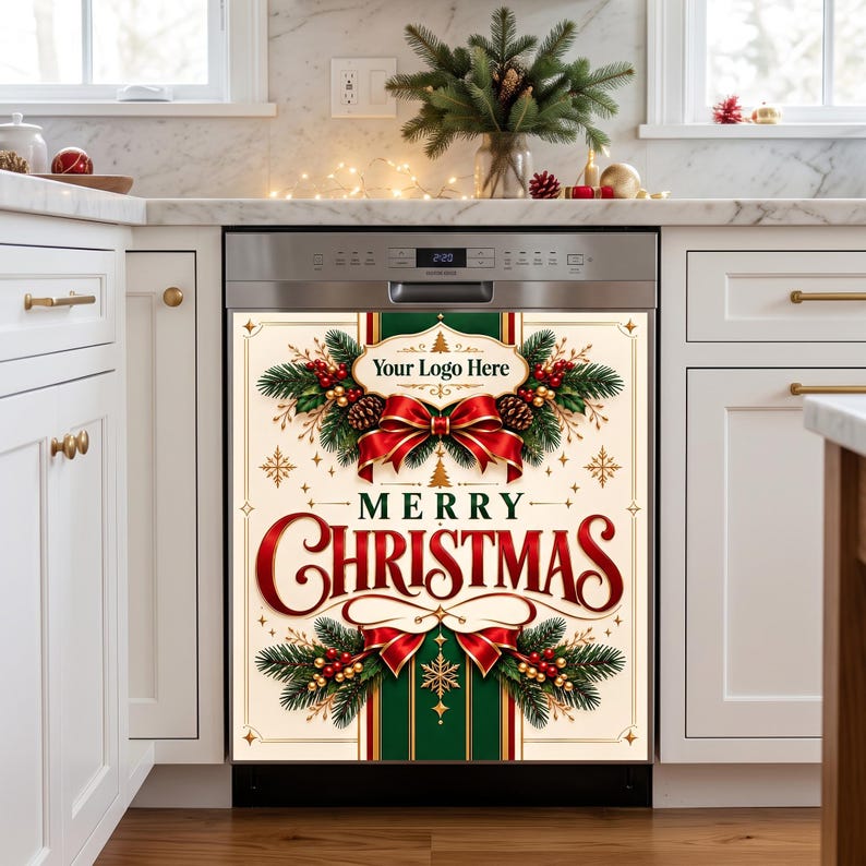 May include: A dishwasher magnetic cover featuring a cream background with a red and green Christmas theme. The design includes pine branches, pinecones, red berries, gold snowflakes, and red ribbons. The text reads Your Logo Here and MERRY CHRISTMAS.