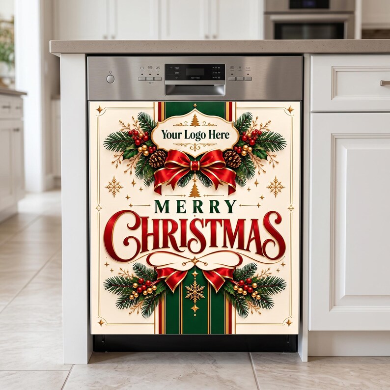 May include: A dishwasher magnet cover featuring a cream background with green and red accents. The design includes pine branches, pinecones, red berries, and red ribbons. The text reads Your Logo Here and MERRY CHRISTMAS in red and green.